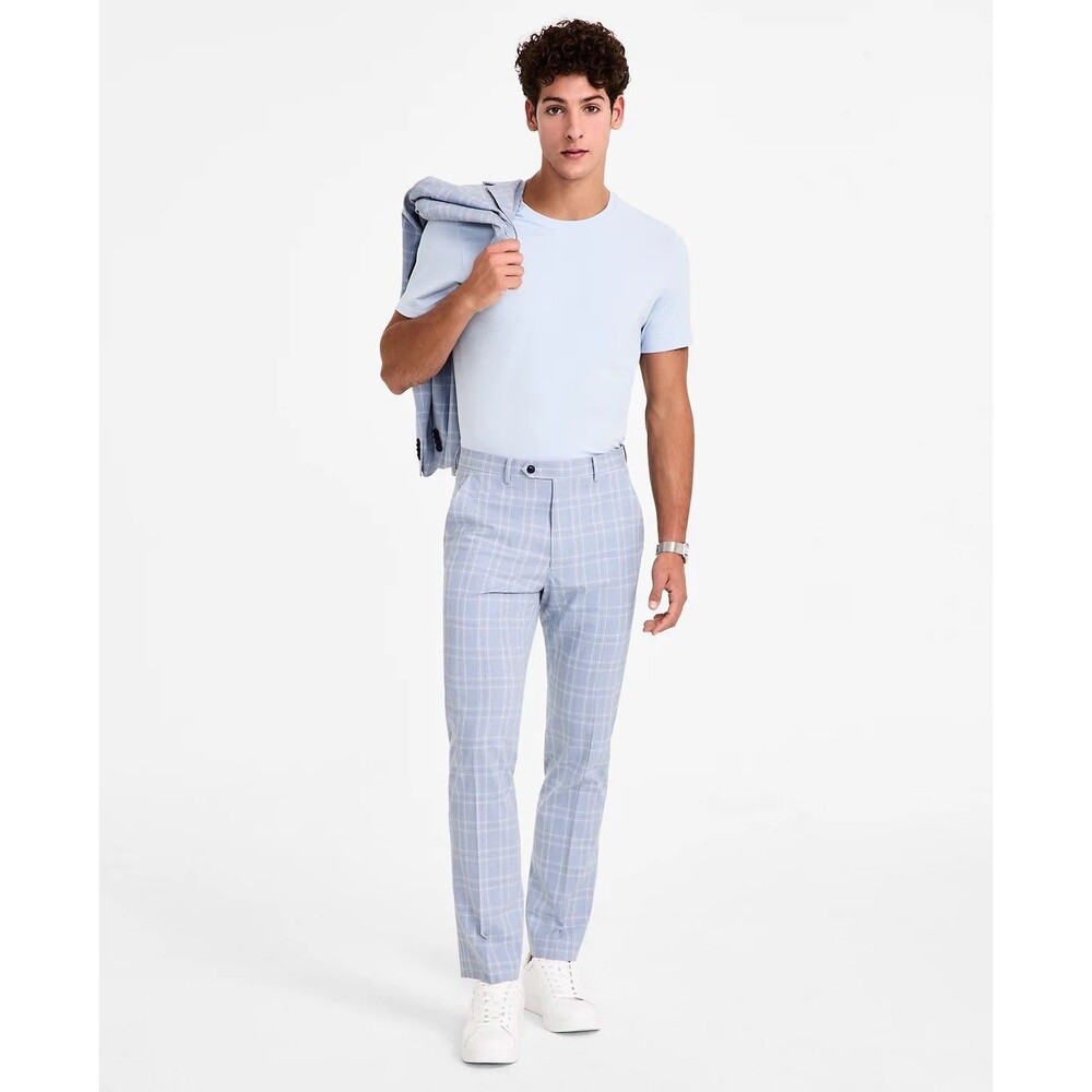 $135 NEW ALFANI MENS 34X32 BLUE PLAID SOFT SLIM FIT TROUSERS DRESS PANTS SLACKS